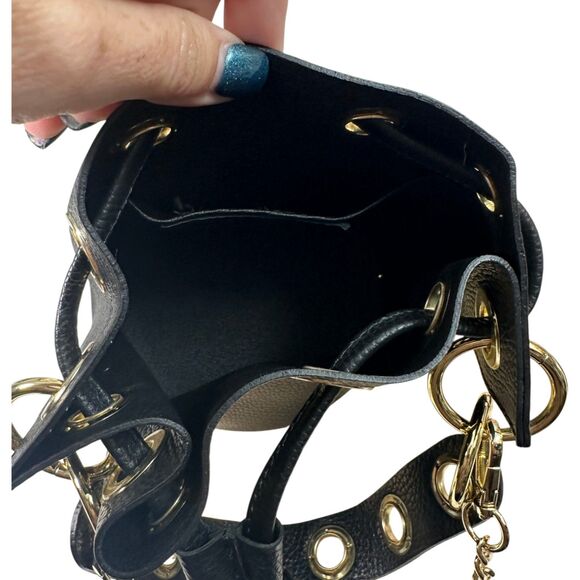 Italian Leather Gold Hardware Mini Drawstring Bucket Bag Satchel Crossbody - Picture 6 of 7